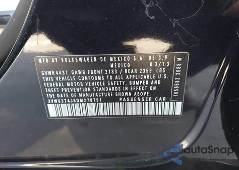 2013 Volkswagen Jetta Hybrid Sel из США, поврежденный, VIN 3VW637AJ6DM278791